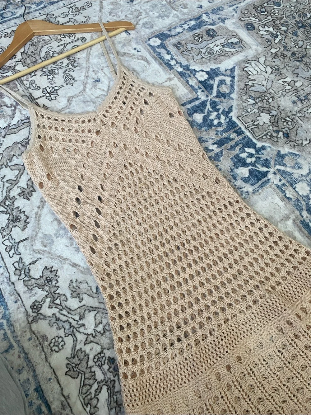 Aerie Beige Crochet Metallic Knit Swim Cover-Up Mini Dress